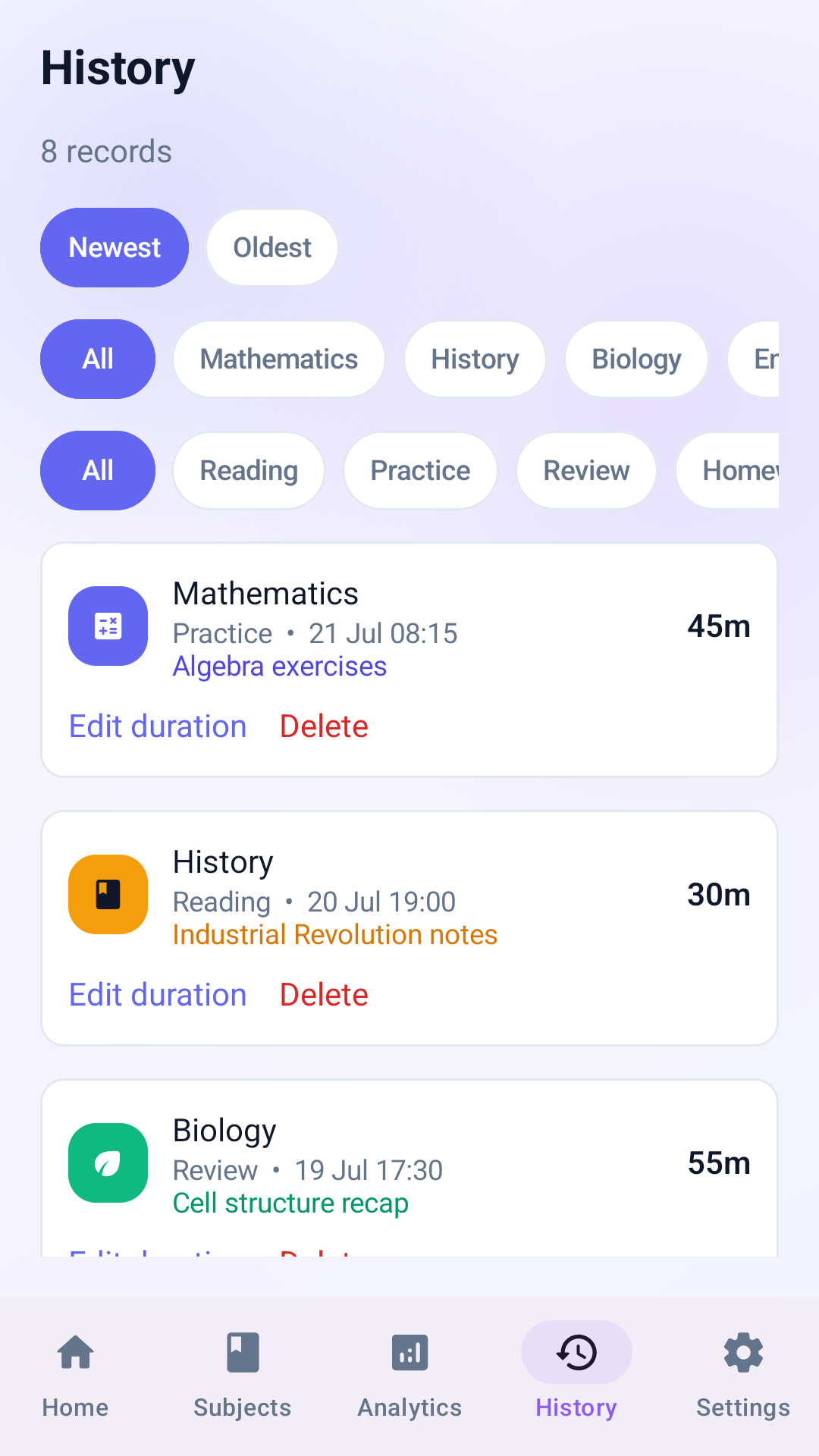 EduTrack Whiteboard history screen